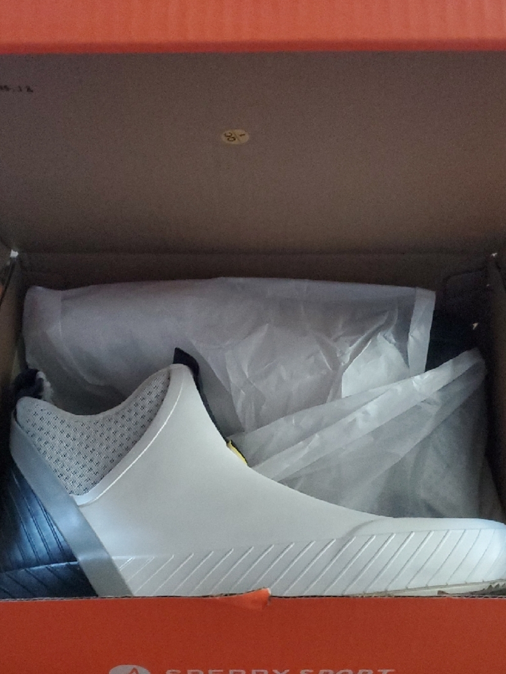 Sperry Sport White Slip-On Cutwater Deck Boot with Navy Pull Tab and Lime Insole